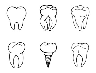 Vector set with teeth, crowns teeth icons teeth doodle