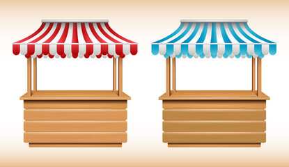 Realistic wooden canopy kiosk with red and white striped. Market stall fair booth. empty wooden market stand. 

