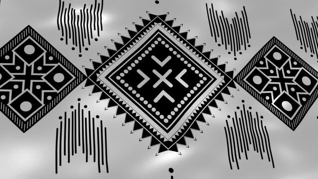Video motion graphic background. Geometric ethnic pattern on silk fabric wind. Design for fabric, curtain, background, wallpaper, screensaver. Oriental animated pattern. Elegant loop design.
