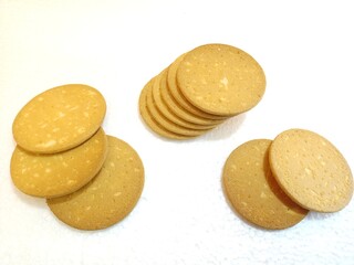 pile of biscuits on a white background