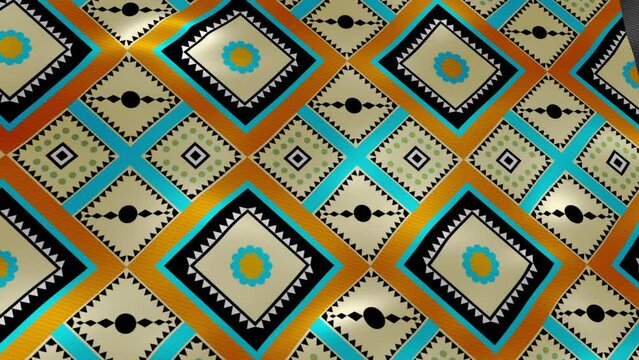 Video motion graphic background. Geometric ethnic pattern on silk fabric wind. Design for fabric, curtain, background, wallpaper, screensaver. Oriental animated pattern. Elegant loop design.