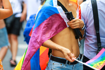 Rainbow flag welcomes Pride Month festival.Rainbow pride is a symbol of lesbian, gay, bisexual,...