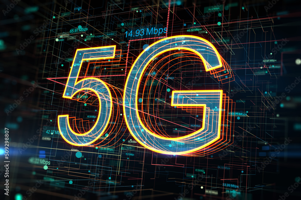 Poster 5G network concept, high speed mobile internet and new generation networks with digital glowing symbols and speed indicators on abstract technological background. 3D rendering