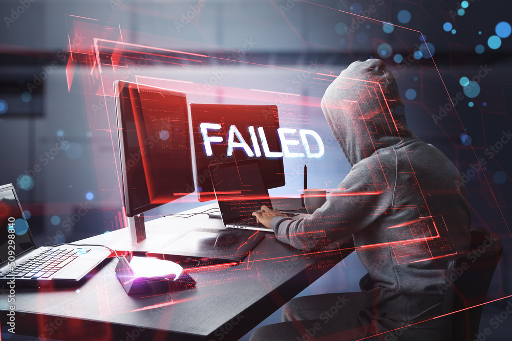 Poster Side view of hacker using computers at desktop with abstract red denied access hologram on blurry office interior backdrop. Connection and crime concept. Double exposure.