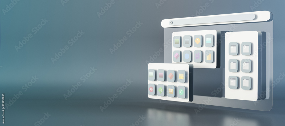 Poster Mobile application and site concept. Universal user interface with search bar on gray background with mock up place. 3D Rendering.