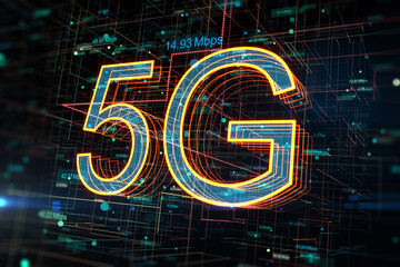 5G network concept, high speed mobile internet and new generation networks with digital glowing symbols and speed indicators on abstract technological background. 3D rendering
