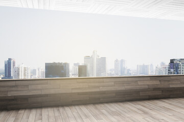 Obraz na płótnie Canvas Clean open space balcony interior with panoramic city view, daylight, wooden flooring. 3D Rendering.