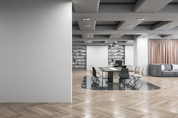 Front view on grey blank wall with space for your logo or text in modern spacious office area with stylish conference table, wooden and dark floor and bookcases on background. 3D rendering, mockup