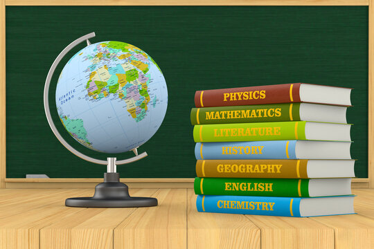Stack of hardcover text books and blackboard on wooden surface. 3D illustration