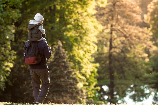 A man and a boy go hiking in the summer forest with a backpack for hiking. Portrait of a father and son sitting on his father's shoulders in the forest at sunset. The concept of travel.