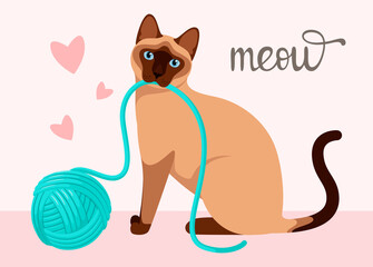 Funny Siamese cat. Postcard. Cartoon design.
