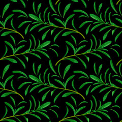 Seamless pattern with green twigs and leaves on a dark background.
