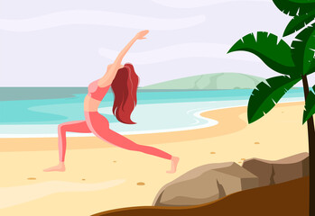 Fototapeta na wymiar A girl does yoga on the beach. Cartoon design. 