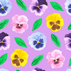 Seamless violet pattern. Pansies. Watercolor illustration. Isolated on a purple background.