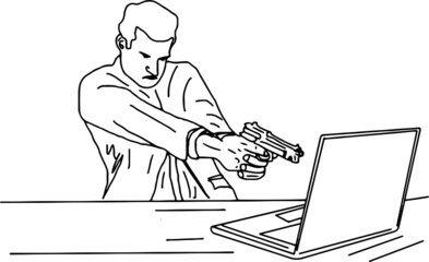 Angry man with gun vector, Angry man with pistol logo, sketch drawing of frustrated man shooting his laptop with his gun