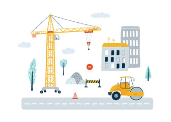Banner with cute construction vehicle and city in pastel colors. Illustration yellow road rink and crane for kids. Vector - 509300055