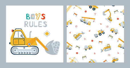 Set seamless patterns and print elements construction vehicles. Illustrations with yellow excavator, dump truck, crane, tractor and bulldozer for kid. Vector