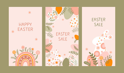 Set social media template with a silhouette Easter eggs, rabbit, rainbow and flowers in flat style. Illustration holiday easter bunny and eggs in pastel colors and space for your text. Vector