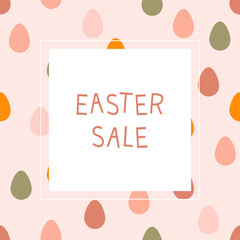 Sale templates with silhouette Easter egg and flowers in pastel colors. Illustration holiday eggs in flat style and space for your text. Vector.