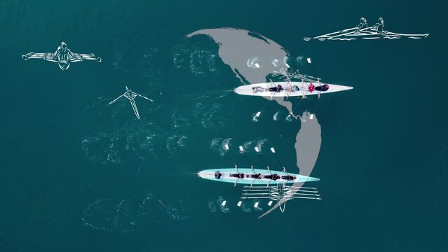 Sport Canoe with a team of four people rowing on tranquil water, Aerial view. High quality 4k footage