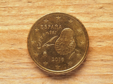 50 cents coin showing Cervantes, currency of Spain, EU