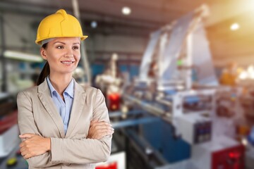 Portrait smart women worker standing happy smiling in factory industry workplace