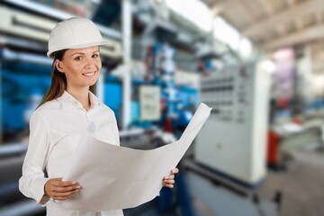 Portrait smart women worker standing happy smiling in factory industry workplace