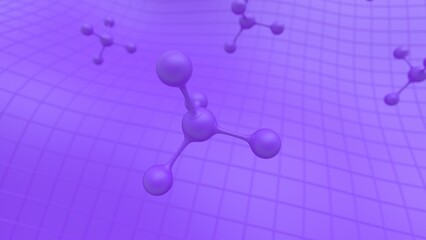 Molecular structure of purple atom with mathematical geometric wavy surface under white lighting background. Concept image of vaccine development, regenerative and advanced medicine. 3D CG. 