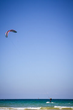 Kitesurfer on sea in Saint-Malo city, Brittany, France