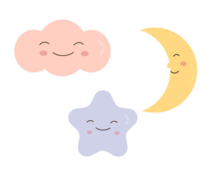 Cute moon,cloud and star. Cartoon style. Baby print