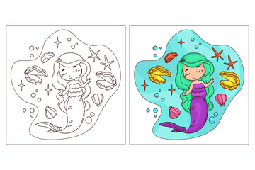 Obraz premium Hand drawn cute Mermaid for coloring page 9