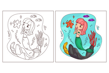 Hand drawn cute Mermaid for coloring page 8