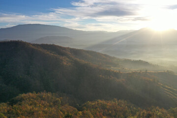Ban Bon Na Viewpoint at sunrise with fog above Mae Chaem, Doi Inthanon national park, Chiang Mai, Thailand