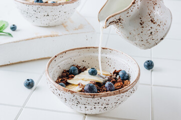 Chocolate granola and milk with blueberries, banana and mint. Healthy food
