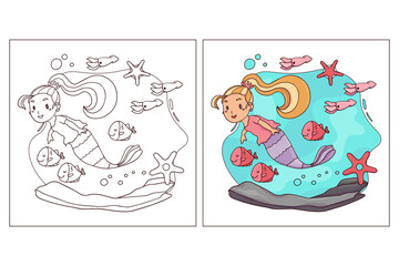 Hand drawn cute Mermaid for coloring page 2