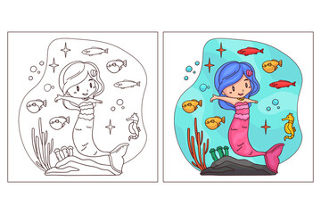 Hand drawn cute Mermaid for coloring page 7