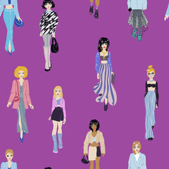 Seamless pattern. Women in trendy clothes. Fashion illustration.