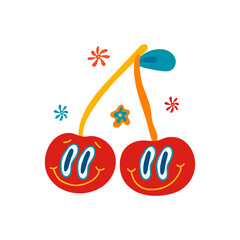 A groovy funky poster in the style of the 70s. Retro poster with crazy cherry and hippie flowers, postcard template. Youth illustrations in cartoon hippie style for T-shirts, postcards, design