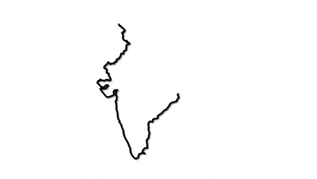 India map, country territory outline self drawing animation. Line art. White background.