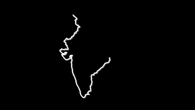 India map, country territory outline self drawing animation. Line art. Black background.