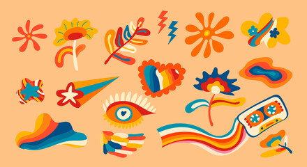 A large set of elements of the retro groove of the 70s, cute stickers in the style of funky hippies. Cartoon flowers, mushrooms, hearts, cherries, sun, good vibes, hippie collection.