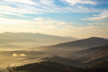 Ban Bon Na Viewpoint at sunrise with fog above Mae Chaem, Doi Inthanon national park, Chiang Mai, Thailand