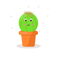 the character is a kawaii cactus in a pot with emotions sad