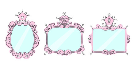 Princess frame set. Royal mirror frames and majestic prince doodle borders. Cute crown border. Outline vector illustration. 