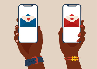 African American female and male hands holding smartphone with love message on screen. Social mobile application for dating, searching for romantic partner. Vector illustration.