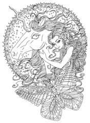 Fantasy line art illustration with beautiful princess girl and unicorn for coloring.