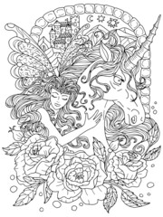 Fantasy line art illustration with beautiful princess girl and unicorn for coloring.
