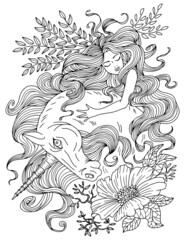 Fantasy line art illustration with beautiful princess girl and unicorn for coloring.