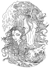 Fototapeta na wymiar Fantasy line art illustration with beautiful princess girl and unicorn for coloring.