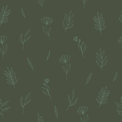 flowers seamless pattern hand drawn doodle. vector, minimalism, scandinavian, monochrome, trendy colors 2022. simple abstract plants. wallpaper, wrapping paper, textiles, background.